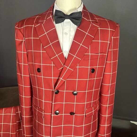 Men’s Check Plaid 3 Piece Suit Double Breasted Peak Lapel 42 Jacket 38 Pants NEW - Picture 2 of 16